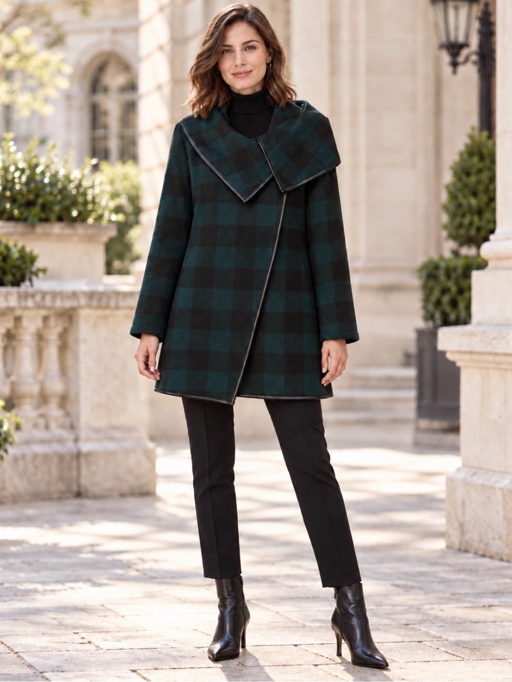 Ellen Reyes Petite Teal Black Plaid Asymmetric Shawl Collar Coat Sz PL